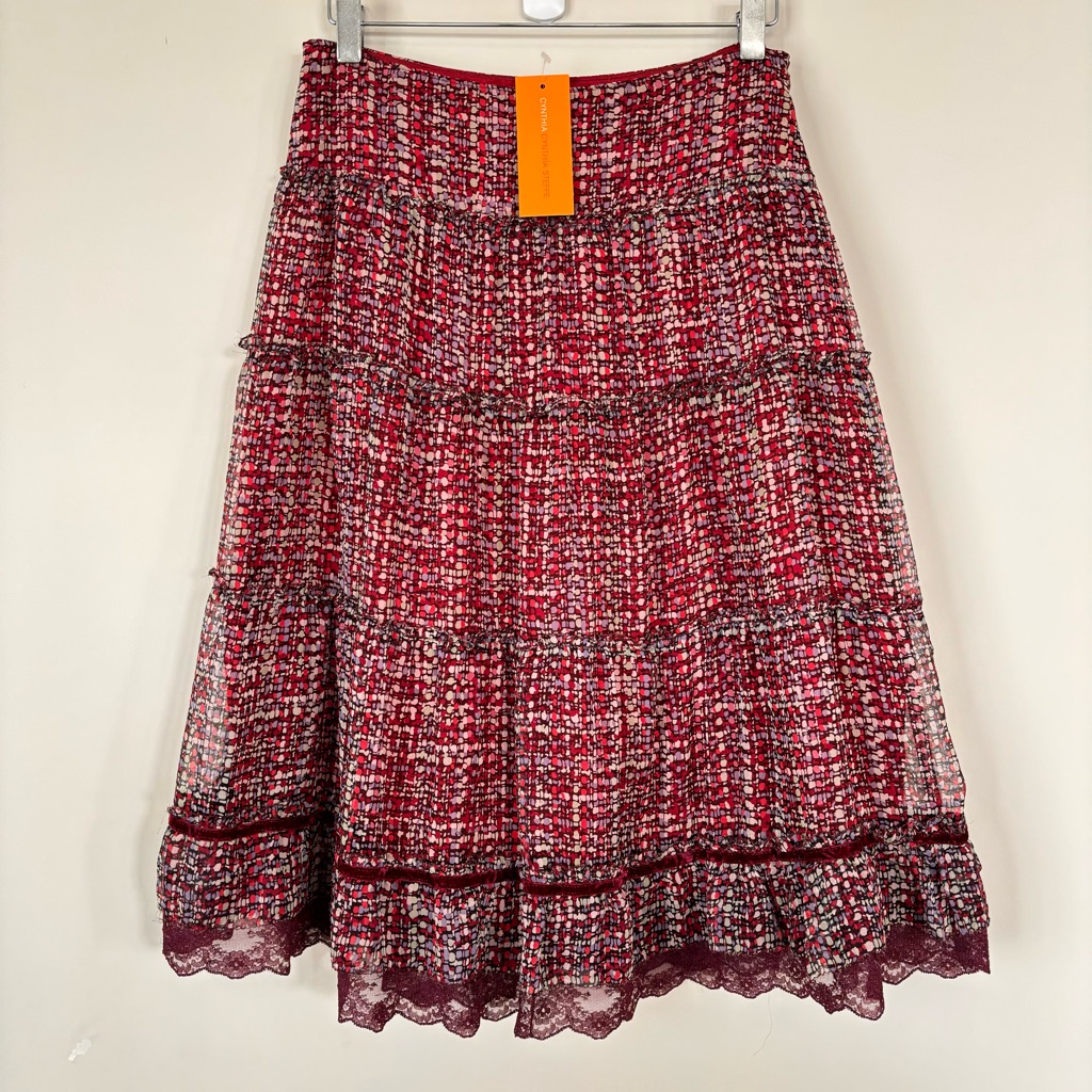 Cynthia Steffe Vintage 90s Women's Sheer Silk Tiered Midi Skirt Lined Size 4